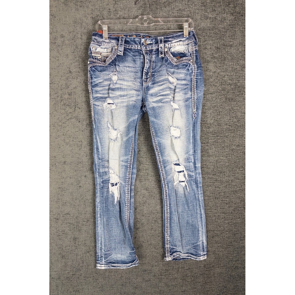Rock Revival Jeans Womens 28 Yandel Blue Mid Rise Cropped Rhinestone Distressed